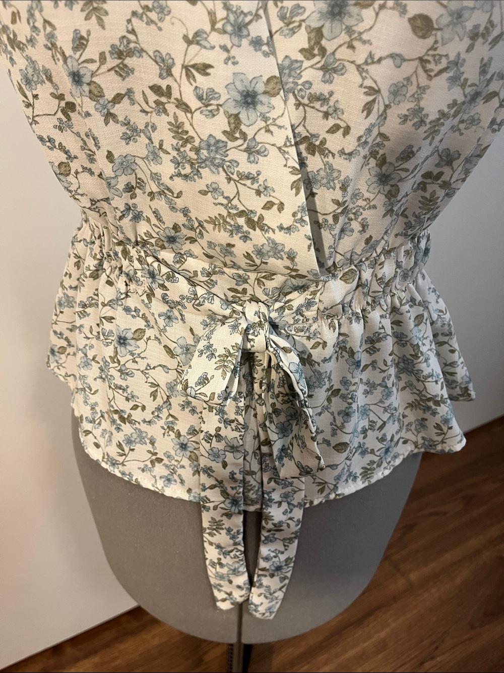 Sweet Rain Cream Floral Wrap Blouse with Blue and Green Print - Picture 4 of 5